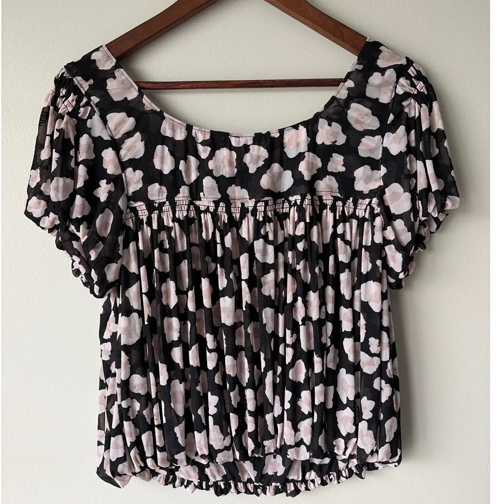 Free People Womens Meg's Blouse Mesh Cropped Puff Sleeve Top M